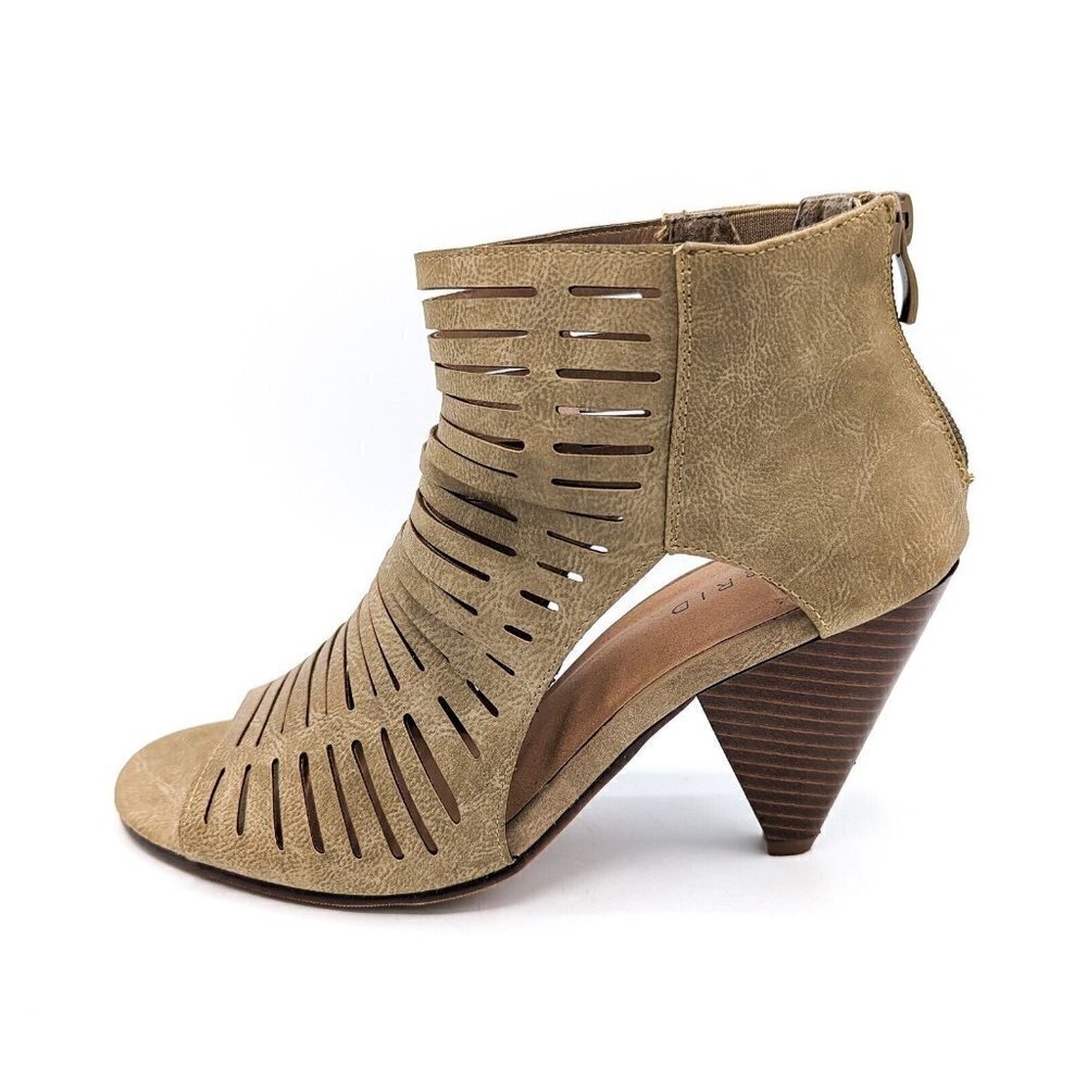 Torrid Peep Toe Caged Cuban Heel Booties Taupe Stacked Wood Sz 6.5 (37) WIDE